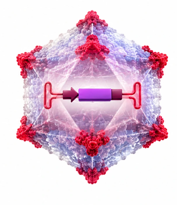 Scientific illustration of an adeno-associated viral vector capsid and internal vector genome