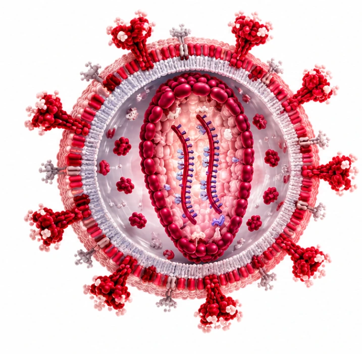 Scientific illustration of a lentiviral vector with membrane envelope, surface glycoproteins and RNA genome