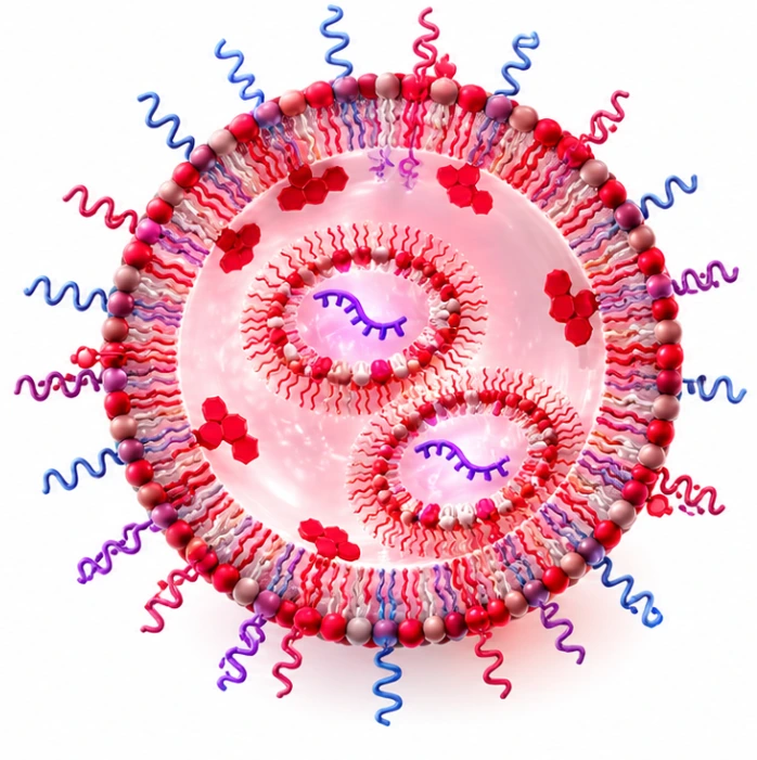 Scientific illustration of a targeted lipid nanoparticle delivery system with encapsulated RNA